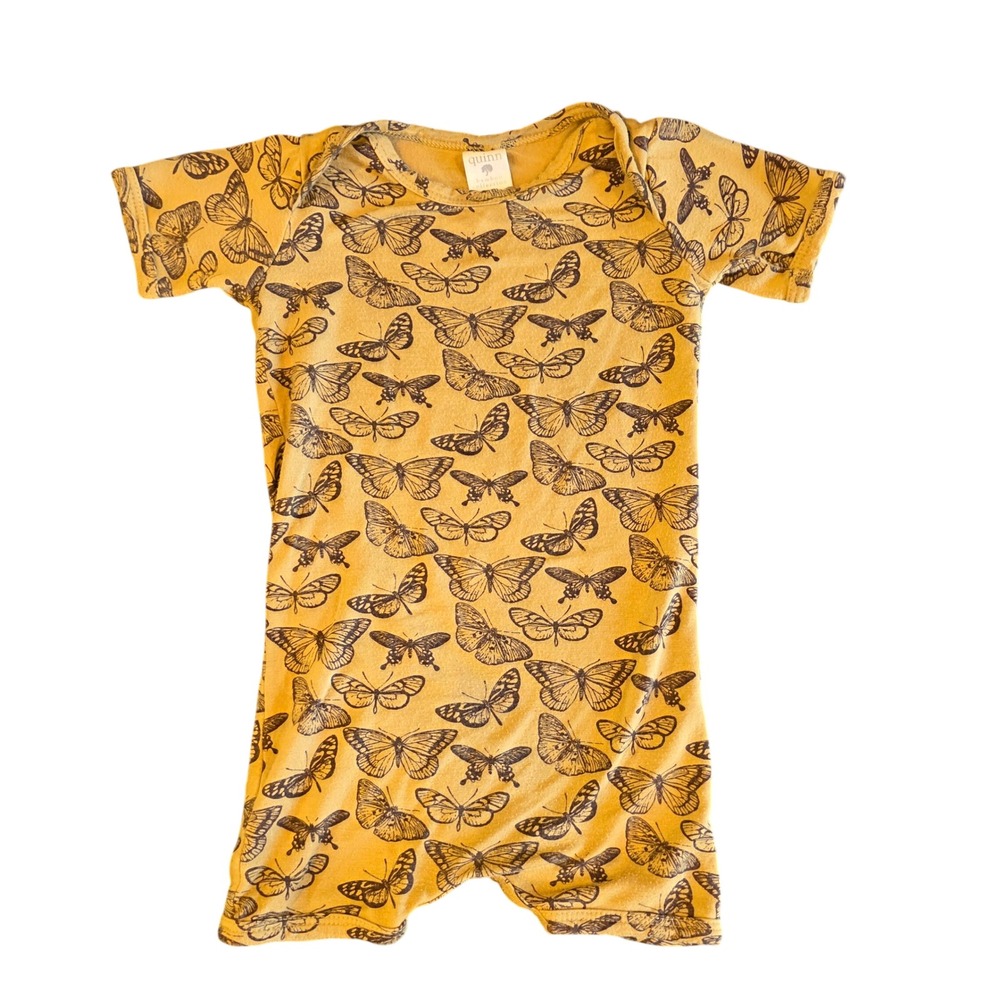 Quinn Bamboo Collection Butterfly Print Romper Mustard Yellow 6-12M Short Sleeve